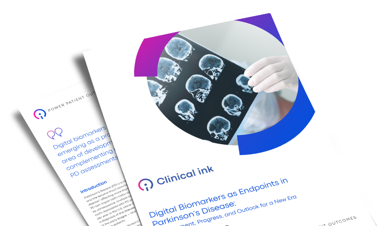 CI_Clinicalink_Parkinsons_Disease_Whitepaper_mockup The title page of the Clinical ink study “Digital Biomarkers as Endpoints in Parkinson’s Disease” with another page from the study below.
